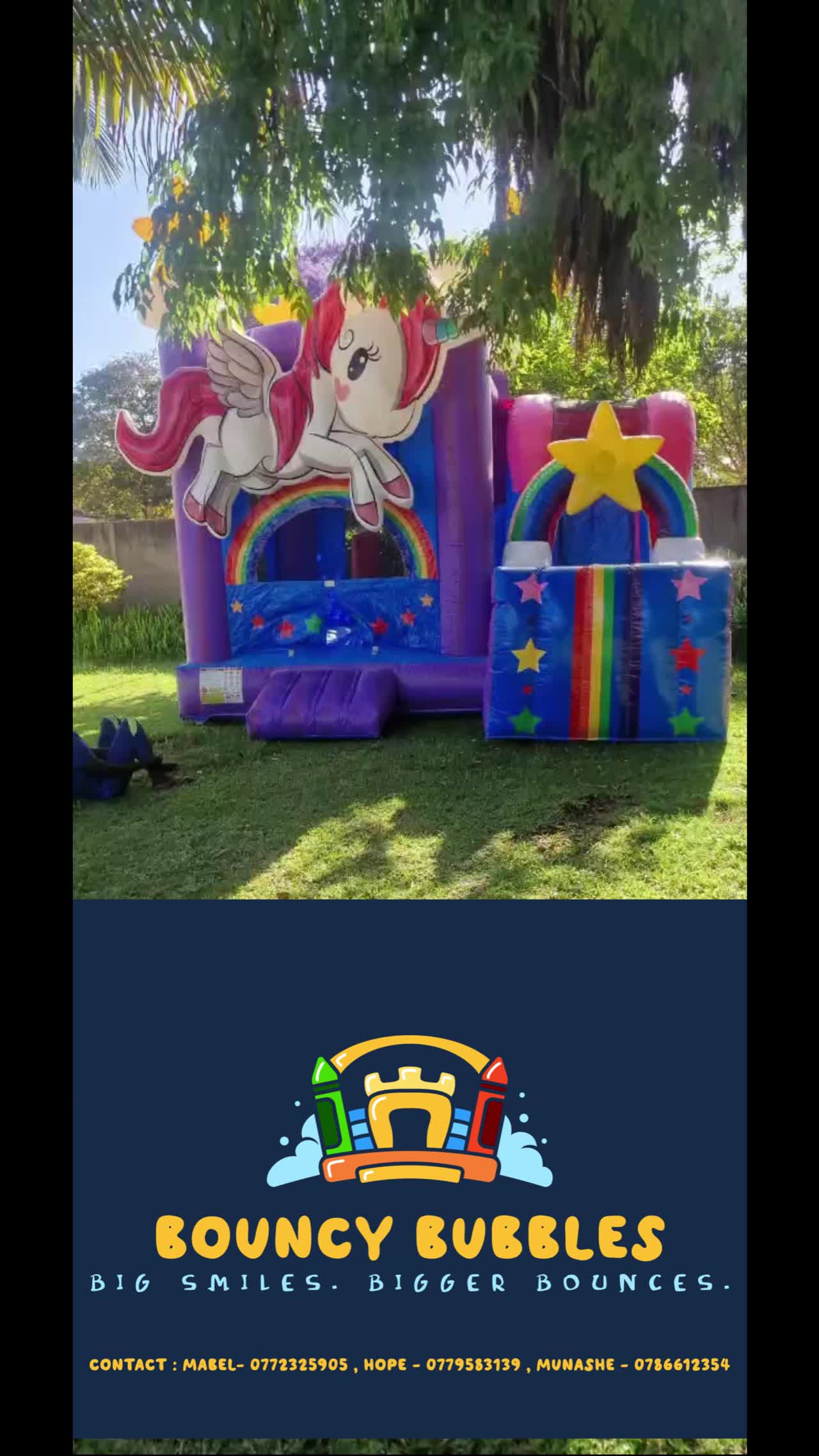 Unicorn themed bouncy castle